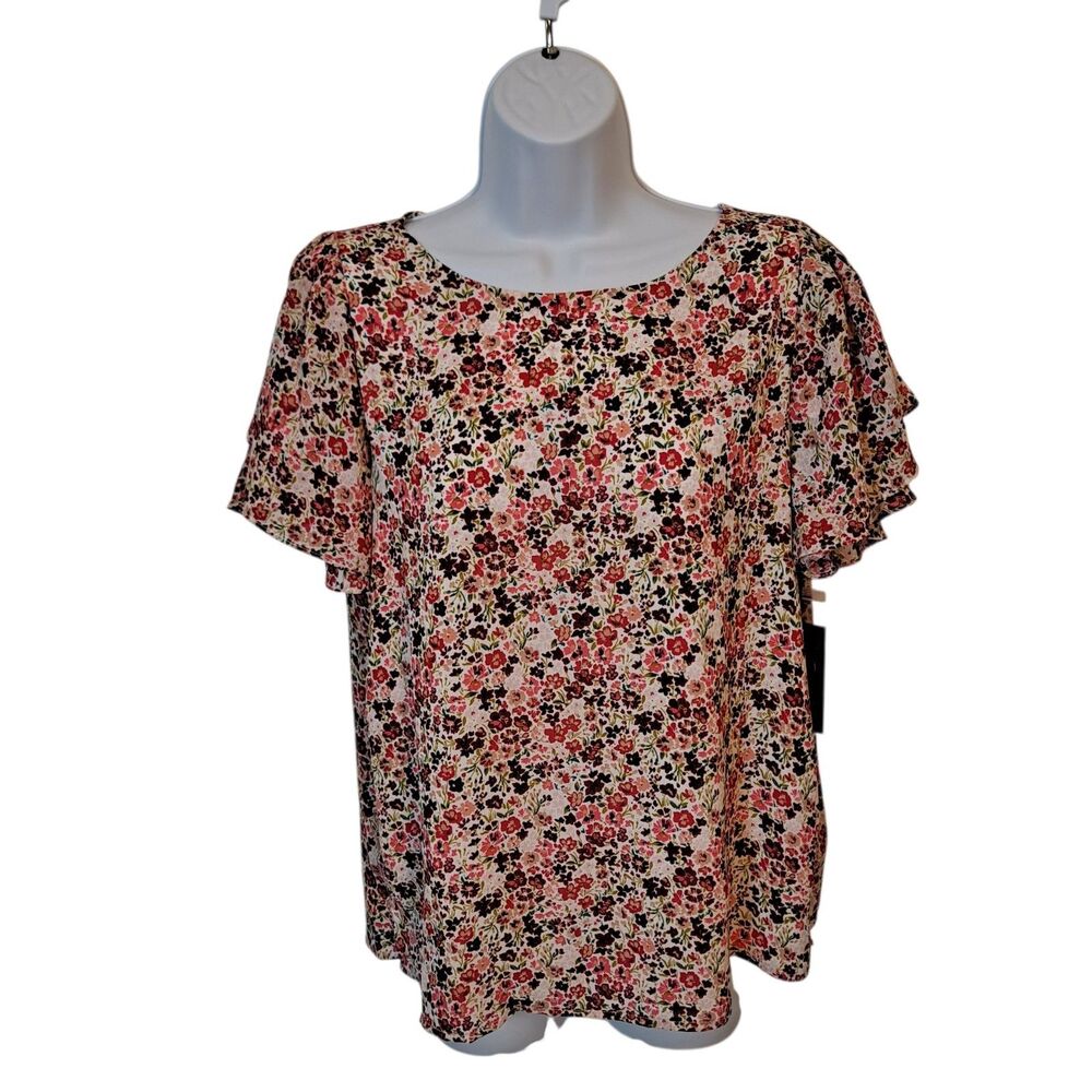 Vince Camuto Women's Blouse Size S Floral Flutter Sleeves Desert Summer Keyhole